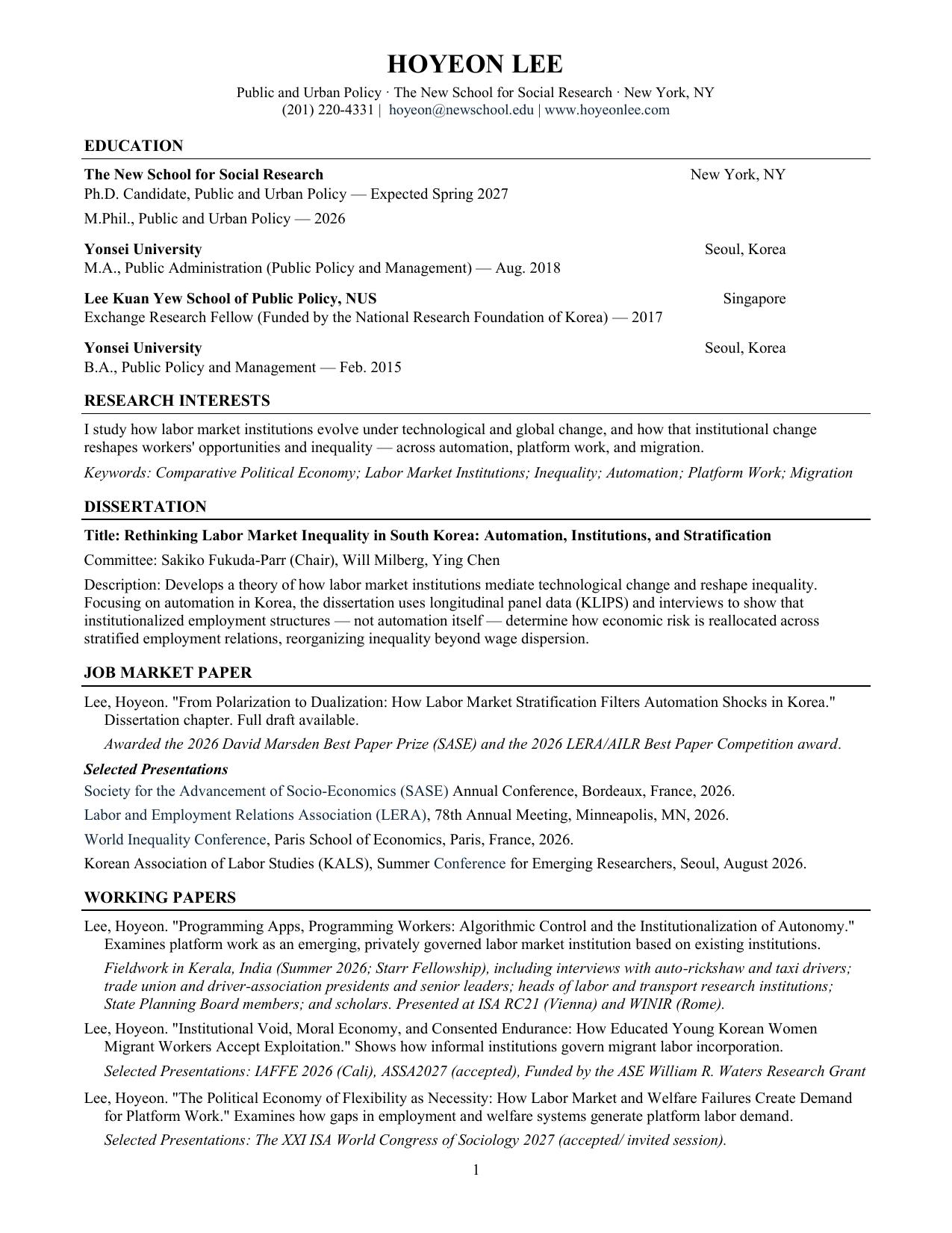 Hoyeon Lee CV, page 1